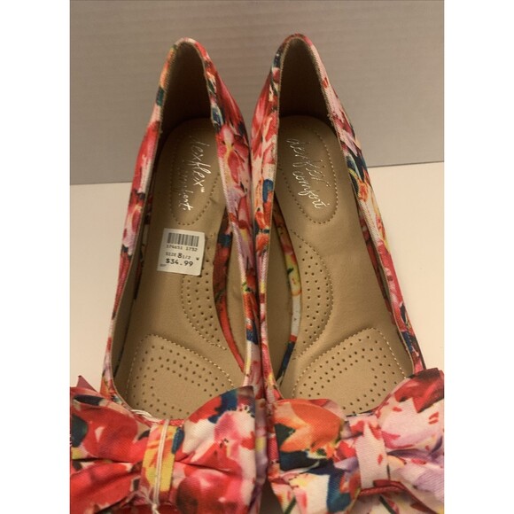 Dexflex Comfort Womens 8.5 Floral Wedge Bowtie Heels Colorful Peep Toe Shoes NEW - Picture 7 of 9